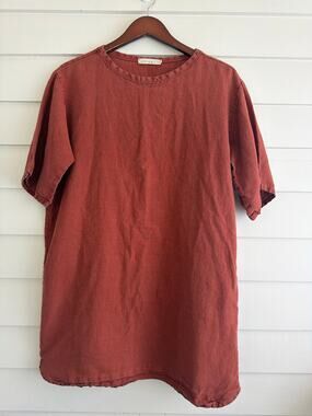 Amae Linen Tunic Mini Dress Shift Womens Small Rust Terracotta Lagenlook Coastal